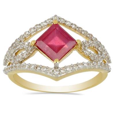 BUY 14K GOLD GLASS FILLED RUBY GEMSTONE CLASSIC RING WITH WHITE DIAMOND